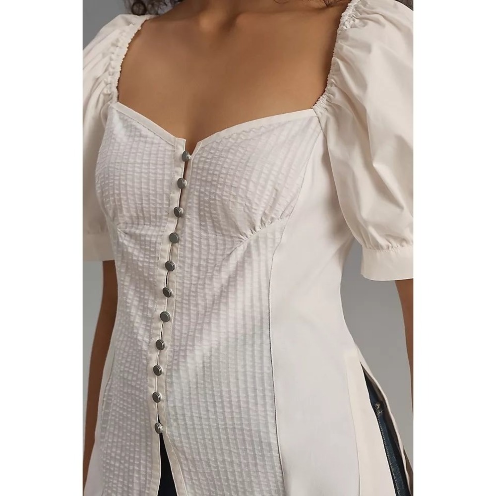 Maeve Anthropologie White Puff Sleeve Seersucker Button Down Top XS NEW